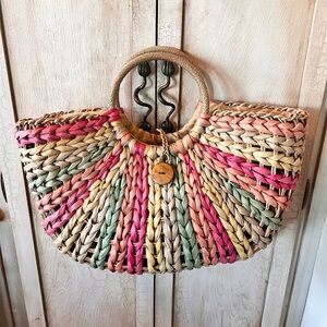 Handwoven Multicolor Straw Tote with Round Handles
